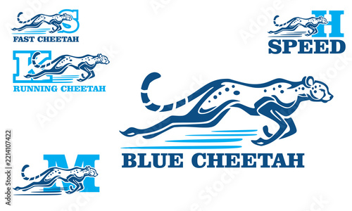 blue running wild cheetah logo, silhouette of best animal run vector illustration