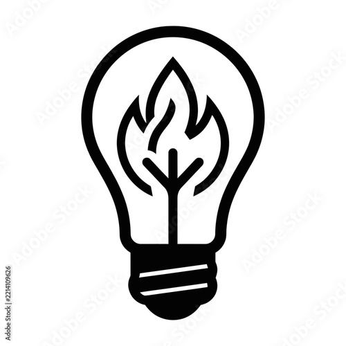 Black line icon of a light bulb containing a flame on a white background