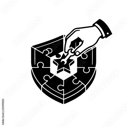 illustration of a precision human hand placing the final piece into a shield or circular puzzle formation, symbolizing strategy, security, and problem-solving success.
