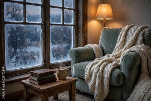 Cozy winter reading nook beside a frosted window at dusk, with a plush armchair, knit blanket, steaming mug and books in warm lamplight