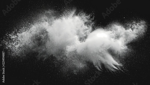Winter blizzard spray overlay. White snow powder explosion. White snow blowing in wind against black background. Snowdrift with swirling powder .
