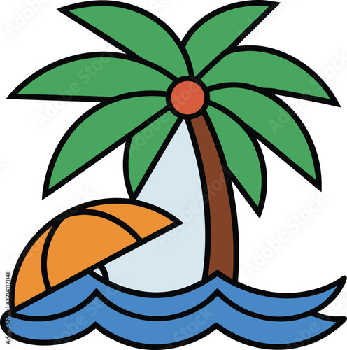 Palm Tree Outline Design with Beach Umbrella and Sand