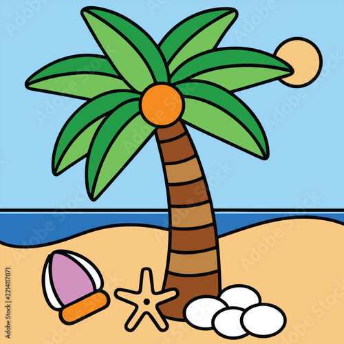 Palm Tree Outline on a Sandy Beach with Gentle Ocean Waves