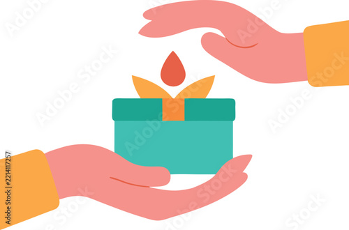 Two Hands Exchanging Gift Box with Tiny Diya Colored Vector
