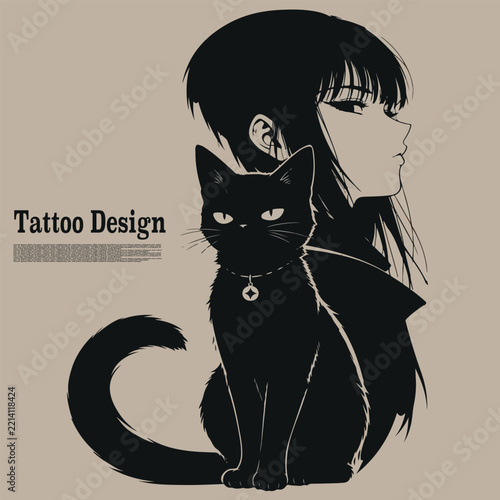 black cat tattoo design with the cat owner's face in the background