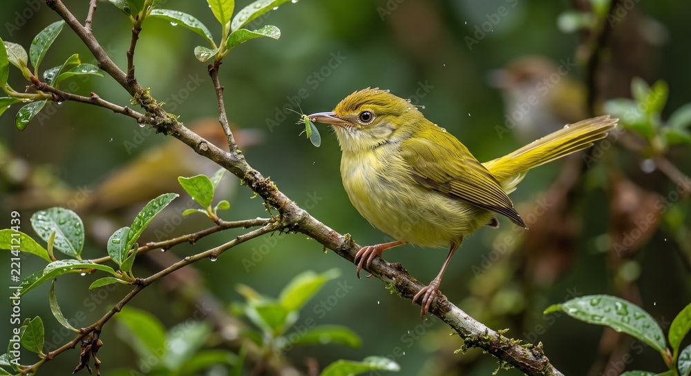 Obraz premium Small yellow warbler perched on branch holding insect in beak