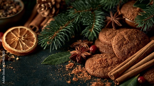 Christmas gingerbread cookies with holiday spices and fir branches