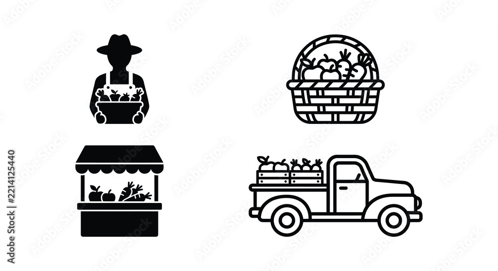 Obraz premium Farmer basket market stall and truck icons in black and white line style