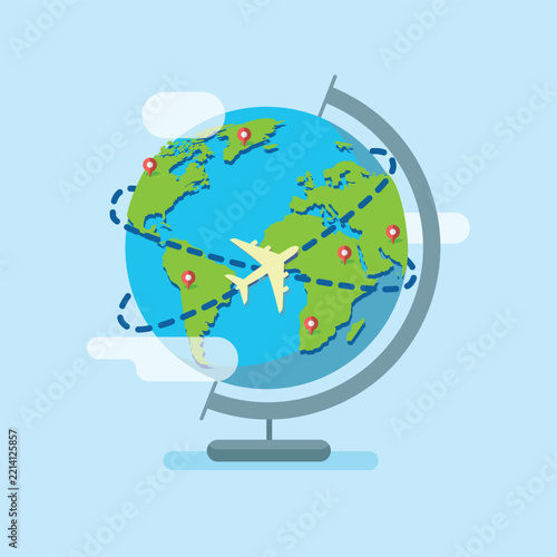 Globe with airplane flight path vector illustration, travel concept icon with world map and location pins