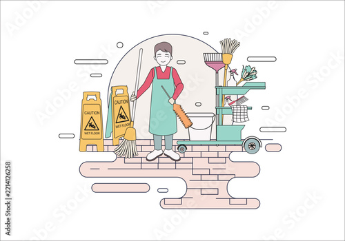 Janitor with cleaning equipment flat vector illustration, professional housekeeper holding broom and duster, isolated on white background