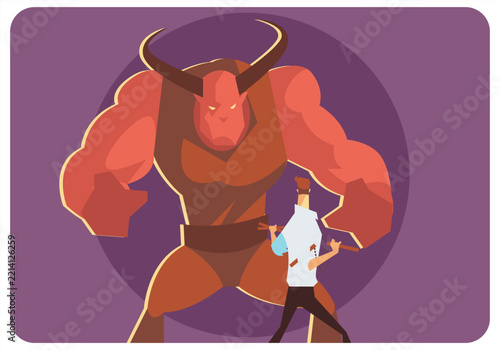 Monster and man silhouette, flat vector illustration of a giant horned demon confronting a brave human warrior