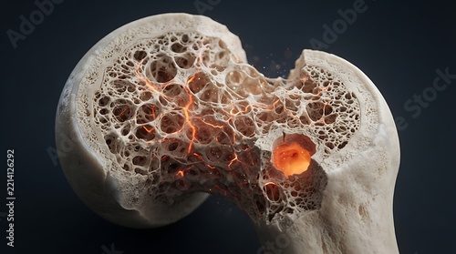 Cross section of a human femur bone showing osteoporosis and a fracture.