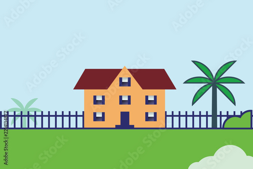 Pixel art house with palm tree and fence in a garden