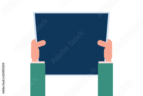 Person holding a blank dark blue sign for message display
