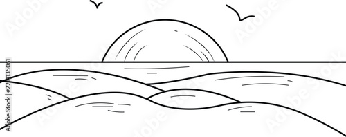 Simple line drawing of a sunset over the ocean with birds