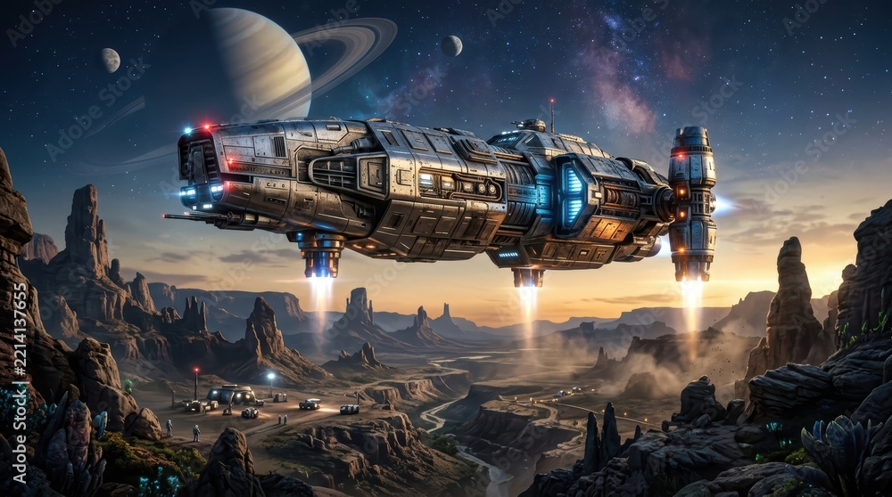 Fototapeta premium Futuristic spaceship hovering over outpost in rugged desert canyon on alien planet