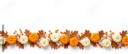 Autumn border banner with orange and white mini pumpkins and oak leaves isolated on white background for harvest thanksgiving seasonal decor