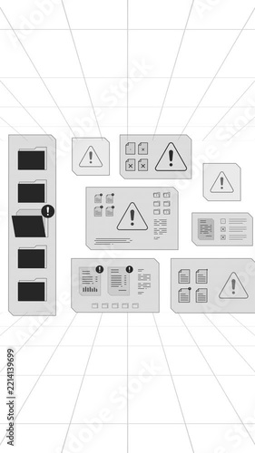Symmetrical wide perspective of digital cyber security interface tracking folder warning triangles and system errors in a 3D grid room.