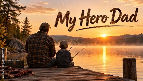 My Hero Dad Father and Son Sitting by Lake at Sunset