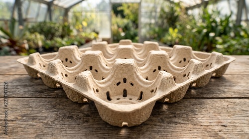 Eco-friendly molded pulp packaging tray made from recycled paper, sustainable design on wooden table in greenhouse
