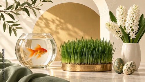 Elegant Nowruz Haft Seen Arrangement With Sabzeh Goldfish and Hyacinth