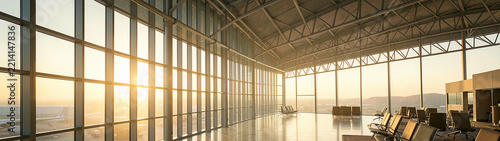 Empty Airport Transit Lounge Sunrise for Travel Website Header