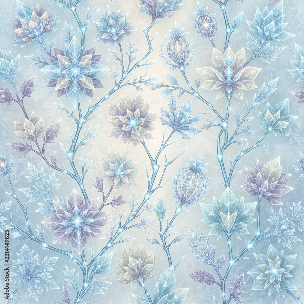 Fototapeta premium Ice crystal flower pattern with blue frost aesthetic for elegant wallpaper backgrounds.