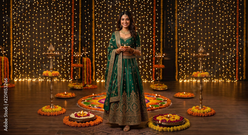 Beautiful Indian woman Holding a Diya During Diwali standing against diwali decoration ,wearing green Lehenga 