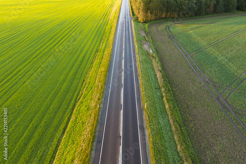 Aerial top down view of a straight asphalt highway passing through vibrant green agricultural fields and rural countryside during sunny summer day in Estonia.