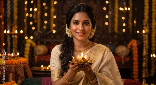 Beautiful Indian woman Holding a lotus Diya During Diwali