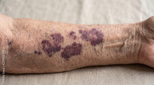 Close-up on the arm of an elderly person displaying severe dark purple bruising and signs of fragile, aging skin known as senile purpura.