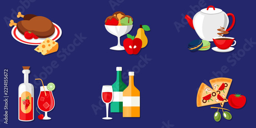 Flat Retro Food Icon Set Vector Snack Drink Meal Outline Graphics