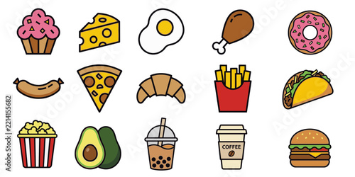 Flat Retro Food Icon Set Vector Snack Drink Meal Outline Graphics