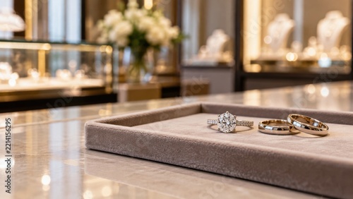 Several polished rings and a diamond engagement ring rest on a velvet tray beside illuminated glass display cases in a refined jewelry showroom