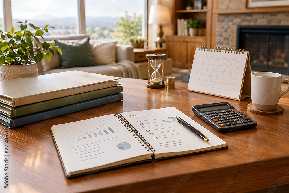 Obraz premium Cozy home office wooden desk setup featuring a spiral notebook with charts and a pen, a desk calendar, an hourglass, a calculator, a coffee mug, and stacked books in a bright living room int