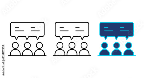 Group discussion vector icon set, team communication speech bubble symbol, line art people meeting icon for UI design