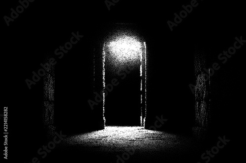 Ancient ruins in sci-fi scene with dotwork retro style. Mysterious gate debris with dramatic lights and retro texture