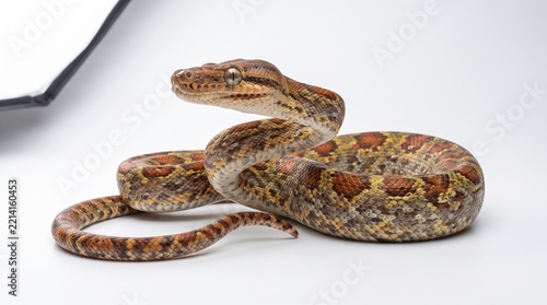 Amazon tree boa coiled tightly with patterned brown scales resting on a flat white surface under studio lighting.