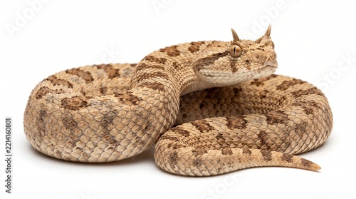 Saharan Hhorned viper with sandy brown coloration is photographed against a bright white background.