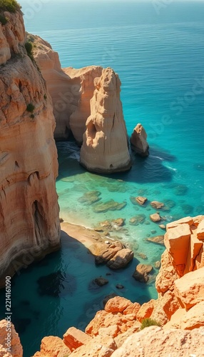 Eroded rock formations stand sentinel amidst turquoise waters, outdoors., coastal