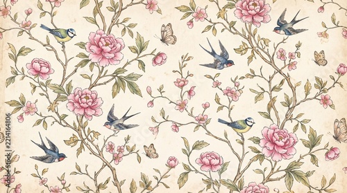 Vintage Chinoiserie Wallpaper with Peonies and Birds