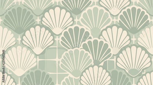 Retro Scallop Shell Pattern in Sage and Cream