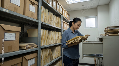 Archivist organizes and reviews documents from file cabinets and storage boxes inside an archive room.