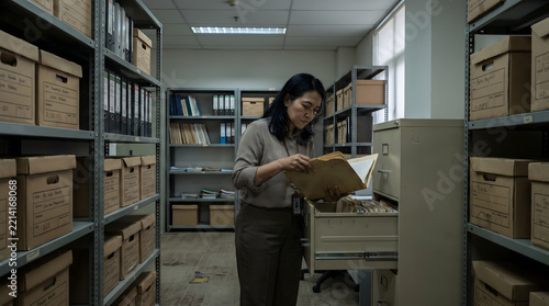 Archivist woman carefully searches through old paper documents stored inside file cabinets within a crowded corporate archives room filled with heavy metal shelving units and cardboard storage boxes.