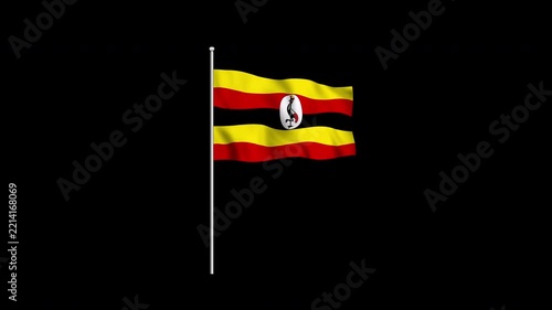 Animation of the Uganda flag fluttering on a flagpole against a transparent background in 4K