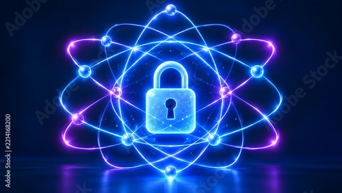 Advanced quantum cryptography digital padlock surrounded by glowing atomic network security orbits