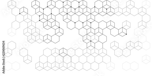 Black and white geometric background built from fading honeycomb grid. Prepared for advertising, banner and cover layouts.