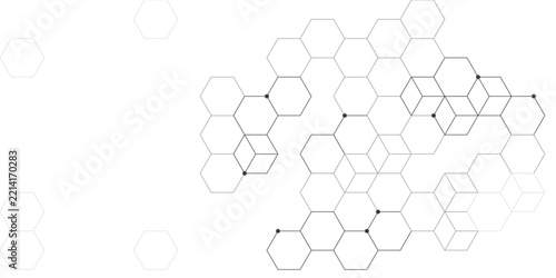 Refined black and white geometric background design with layered hexagon cluster. Light hexagon detail on a flat field. Fits flyer and brochure layouts.