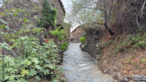 Patones stone houses and cobblestone street in patones de arriba
