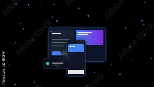 Mobile device interface layout with floating information cards on dark design